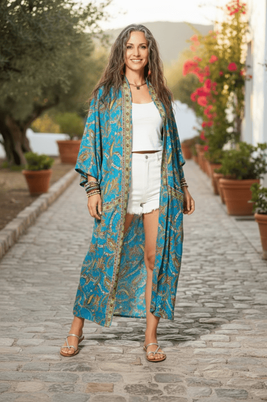 Kimono Largo Boho Chic India - Talla Única (36-46) - Estampado Étnico Azul Turquesa