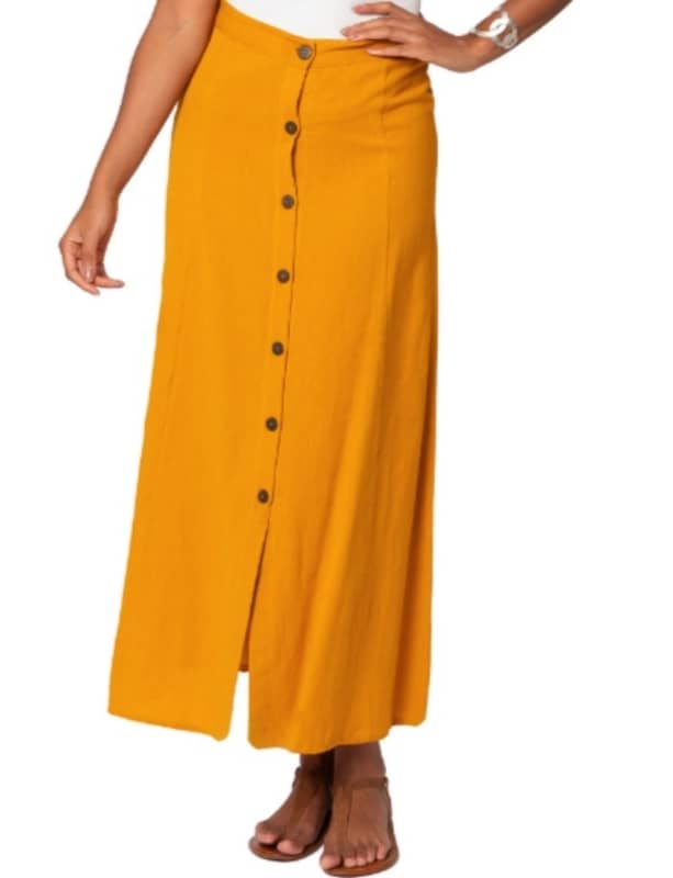 Falda Larga de Lino y Algodón con Botones - Estilo Safari Mostaza - Tallas L y XL - Imagen 2