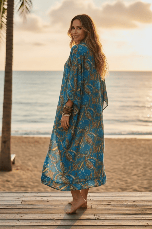 Kimono Largo Boho Chic India - Talla Única (36-46) - Estampado Étnico Azul Turquesa - Imagen 2