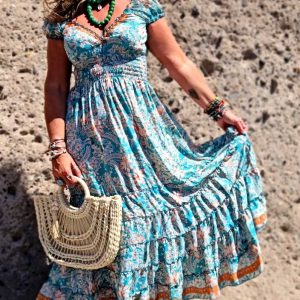 Vestido Largo de Poliseda Estampado Estilo Boho – 70% Seda Natural – Talla Única (38-44)