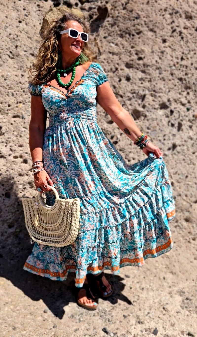 Vestido Largo de Poliseda Estampado Estilo Boho – 70% Seda Natural – Talla Única (38-44)