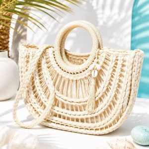 bolso de rafia color natural con caracolas