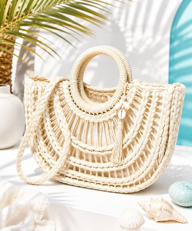 bolso de rafia color natural con caracolas