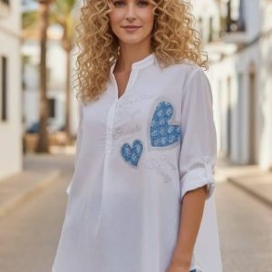 Camisa Blanca 100% Algodón con Corazones Denim y Brilli Brilli