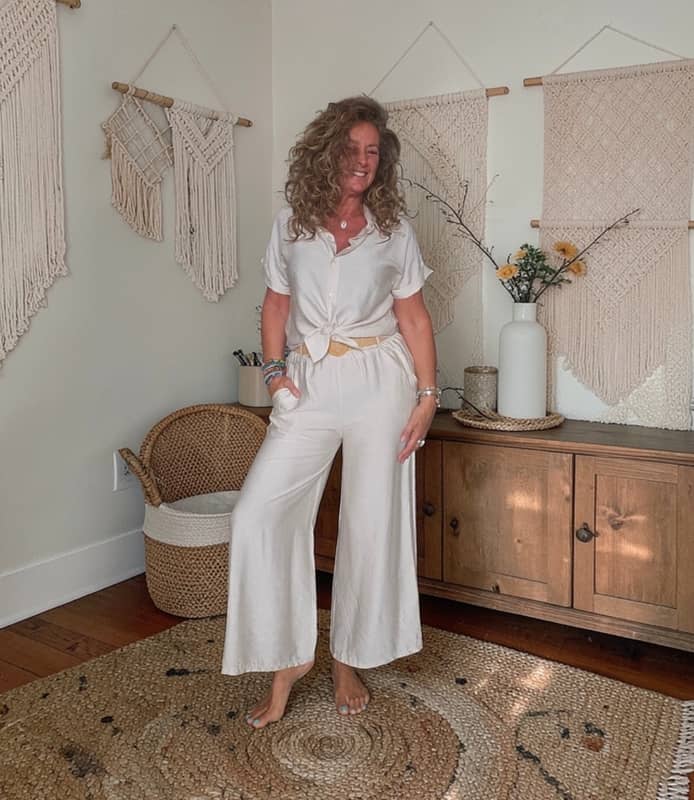 Conjunto Dos Piezas Viscosa Beige Arena - Pantalón Palazzo y Camisa Nudo - Talla Única (hasta 44)