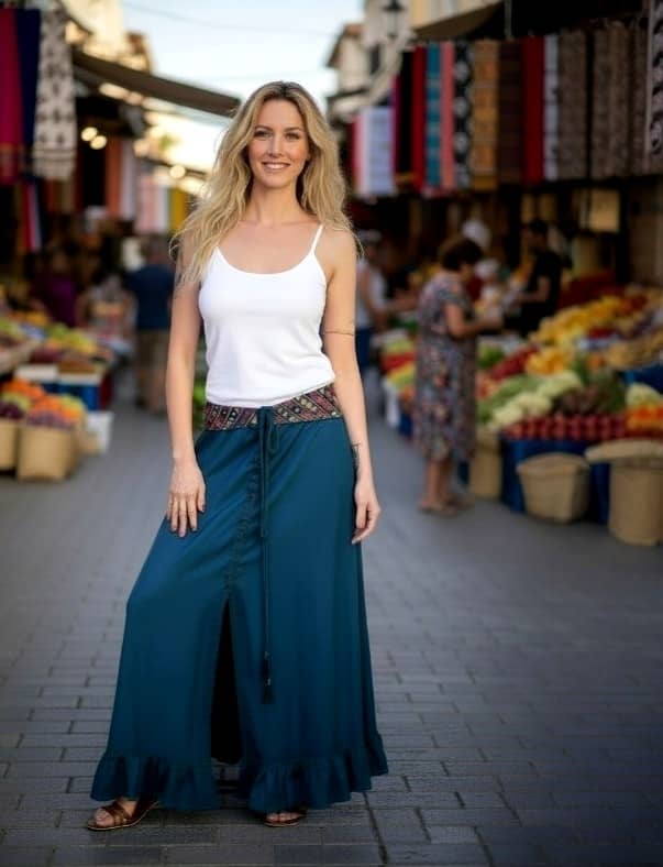 Falda Larga Hippie de Rayón con Bordado Étnico y Espejos - Estilo Boho Chic