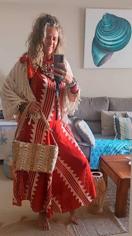 Mono Largo de Lino y Algodón Estampado Rojo y Beige - Talla Única (hasta 44) - Imagen 2