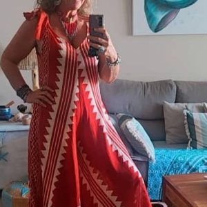 Mono Largo de Lino y Algodón Estampado Rojo y Beige - Talla Única (hasta 44)