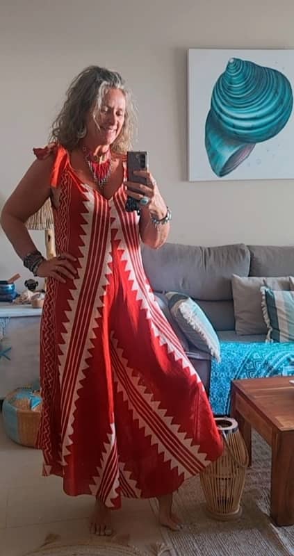 Mono Largo de Lino y Algodón Estampado Rojo y Beige - Talla Única (hasta 44)