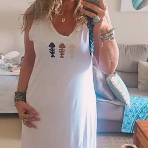 Vestido Largo de Algodón con Bordado de Peces – Estilo Boho y Talla Única