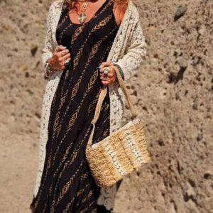 Vestido Largo Boho Negro con Estampado Étnico Dorado - 100% Viscosa (Talla Única)