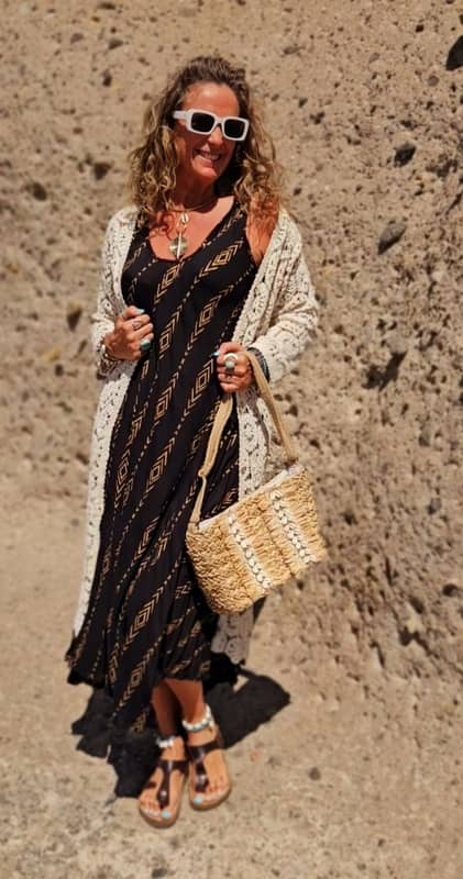 Vestido Largo Boho Negro con Estampado Étnico Dorado - 100% Viscosa (Talla Única)