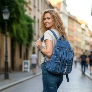 Mochila Triangular Upcycled Denim – Diseño Multicremalleras Artesanal (35x38cm)
