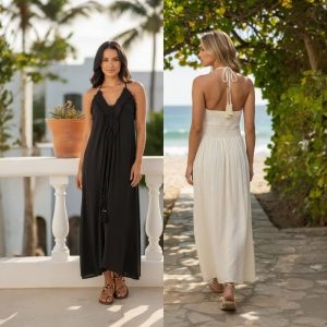 estido Largo Ibicenco de Yute y Algodón – Estilo Boho con Escote en Pico y Borlas