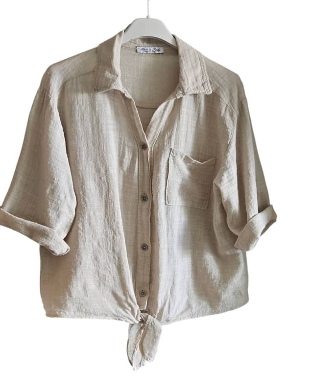 Camisa Beige de Algodón 100% con Nudo Ajustable para Mujer) - Imagen 2