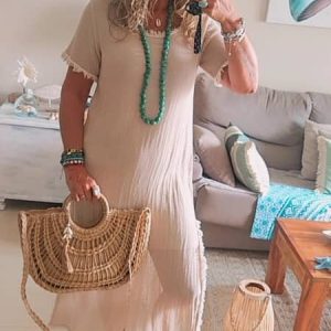 Vestido de Lino Tipo Red con Forro Interior – Disponible en Beige y Azul – Talla Única