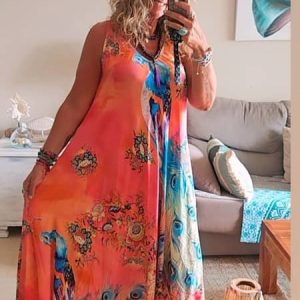 Vestido Largo Boho Seda Fría Estampado Pavo Real - Hecho en India
