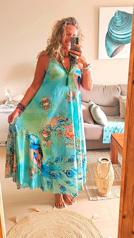 Vestido Largo Boho Seda Fría Estampado Pavo Real - Hecho en India - Imagen 3