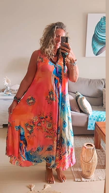 Vestido Largo Boho Seda Fría Estampado Pavo Real - Hecho en India