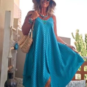Vestido Playero Largo Asimétrico a Rayas – Talla Única Amplia