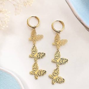 Pendientes de Aros con Mariposas Colgantes en Acero Dorado