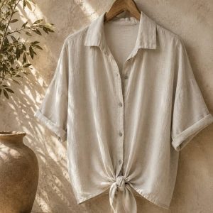 Camisa de Algodón 100% con Nudo Delantero - Beige Lino (Talla Única)