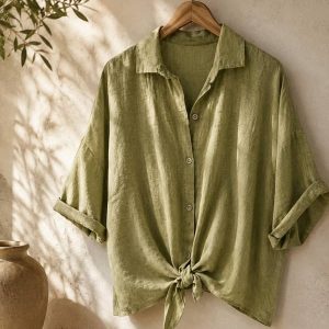 Camisa de Algodón 100% con Nudo Delantero - Verde Oliva (Talla Única)