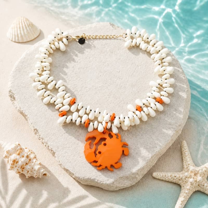 Collar doble de cuentas de resina blancas y detalles coral sobre una roca de playa, con un colgante central de cangrejo naranja brillante, rodeado de conchas y una estrella de mar.
