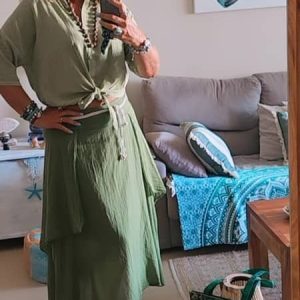 Falda Larga de Lino con Cinturón Beige, Cintura Elástica y Forro Interior (Talla Única