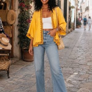 Mujer sonriente con pelo rizado viste un kimono corto amarillo de algodón hecho en India, combinado con vaqueros de tiro alto y un top blanco en una calle empedrada.