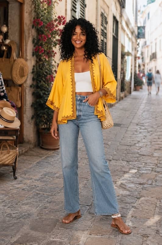 Mujer sonriente con pelo rizado viste un kimono corto amarillo de algodón hecho en India, combinado con vaqueros de tiro alto y un top blanco en una calle empedrada.