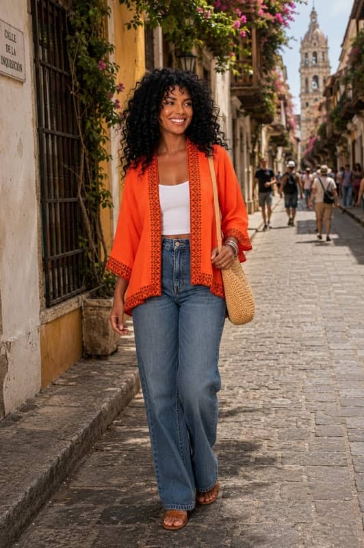 Mujer sonriente con cabello rizado camina por una calle colonial vistiendo un kimono corto naranja con bordados étnicos, combinado con vaqueros y top blanco.