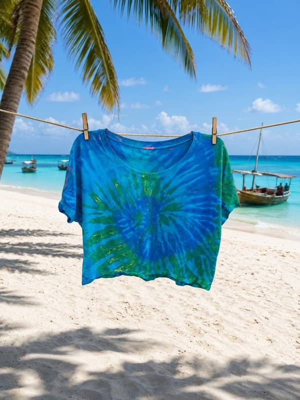 Camiseta corta tipo crop top de mujer con estampado tie-dye artesanal en tonos azul y verde, colgada con pinzas de madera en una cuerda de ropa sobre una playa de arena blanca y mar turquesa.