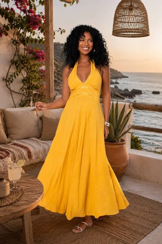 Mujer sonriente con pelo rizado posa en una terraza junto al mar vistiendo un vestido largo amarillo de algodón con escote halter para atar al cuello.