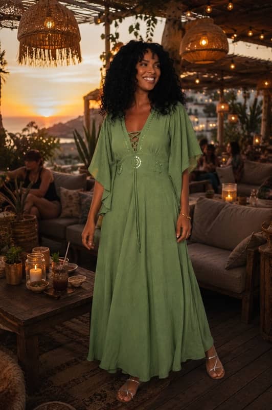 Mujer sonriente con pelo rizado viste un vestido largo verde de algodón de India con mangas mariposa y escote acordonado en una terraza al atardecer.