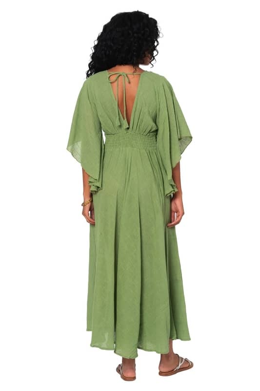 Vestido Largo Verde Khaki de Algodón con Mangas Mariposa – Talla Única - Imagen 2