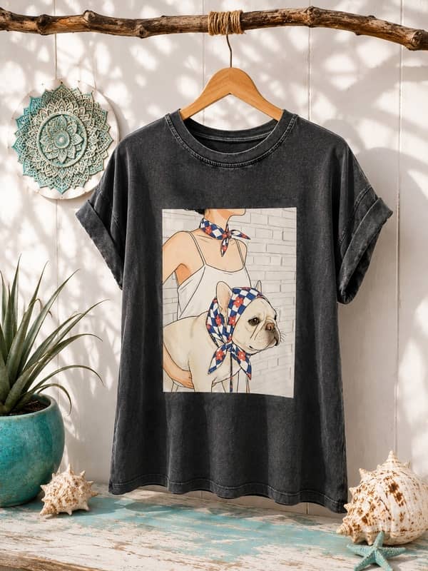 Camiseta gris oscuro de manga corta con efecto lavado e ilustración central de una mujer con un perro bulldog francés.