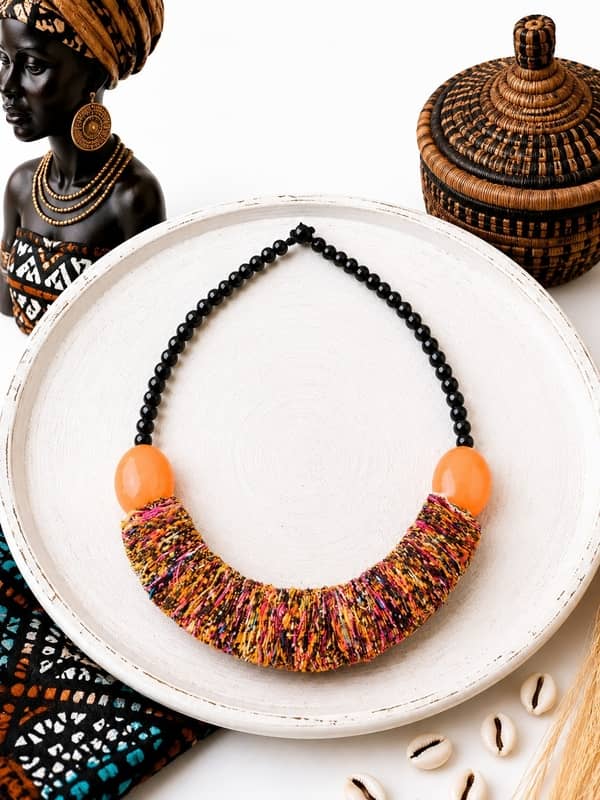 Collar-africano-artesanal-de-tela-reciclada-y-bolas-de-ceramica-naranjas