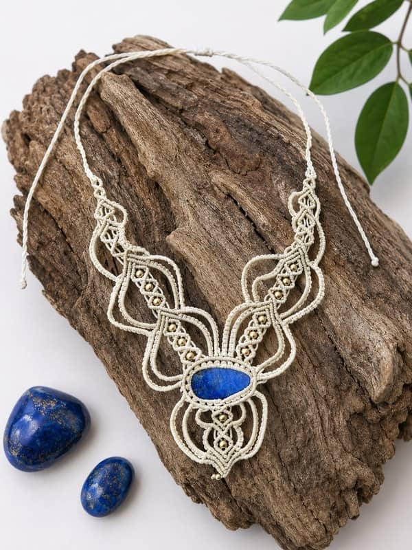 Colección de collares de macramé hechos a mano con diferentes piedras naturales minerales y hilos de colores.