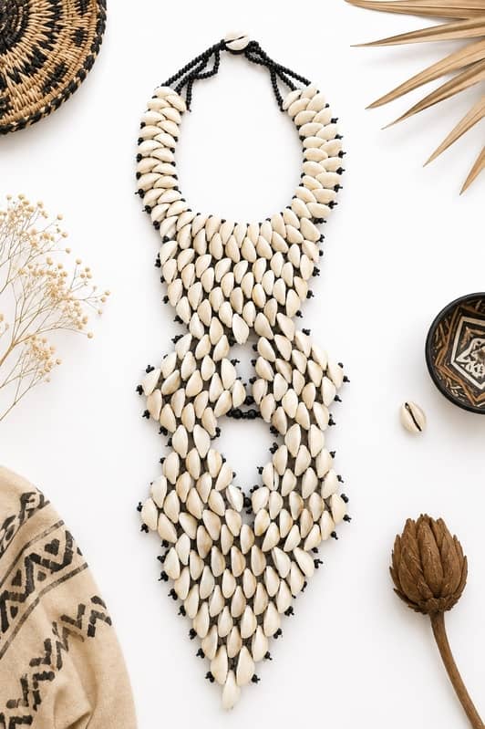 Maxi collar africano de conchas cauri blancas hecho a mano en Senegal