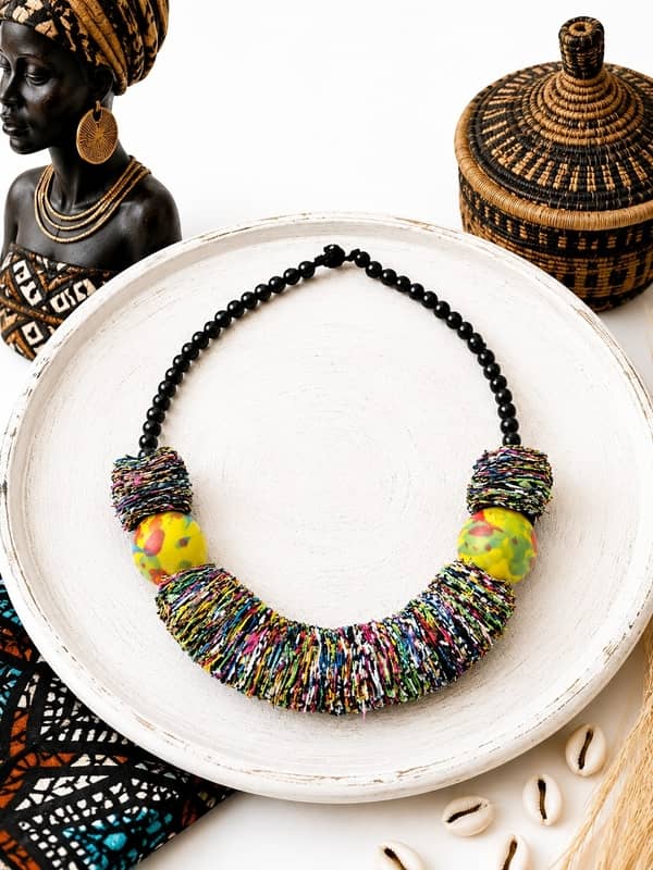 Collar Africano Artesanal de Tela Reciclada y Cerámica | Hecho a Mano - Imagen 3