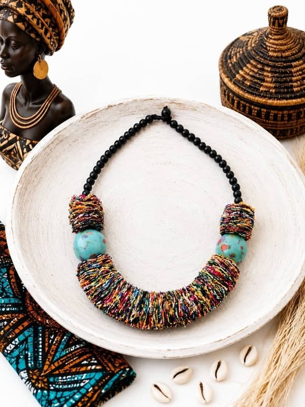 Collar-africano-artesanal-de-tela-reciclada-y-bolas-de-ceramica-celestes