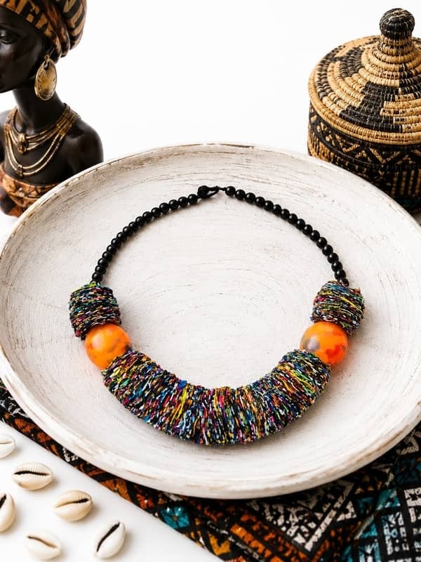 Collar-africano-artesanal-de-tela-reciclada-y-bolas-de-ceramica-naranja