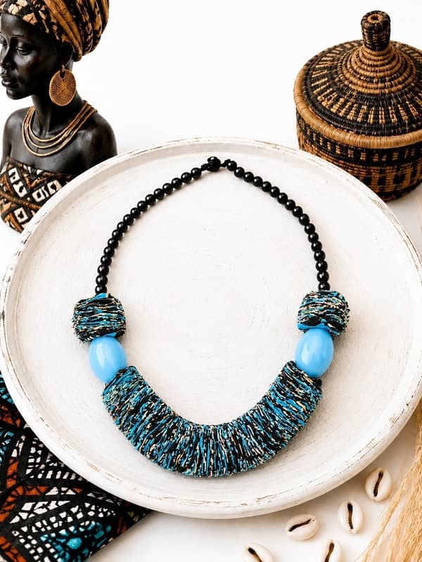 Collar Africano Artesanal de Tela Reciclada y Cerámica | Hecho a Mano - Imagen 8