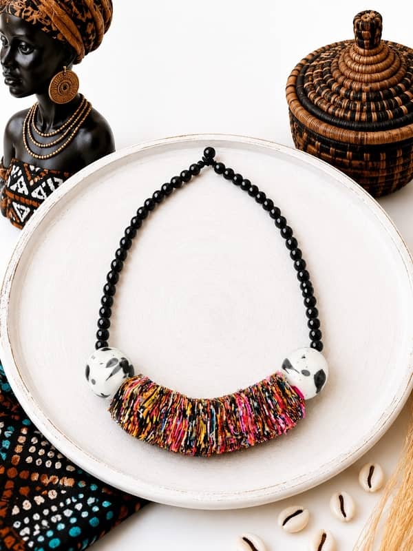 Collar-africano-artesanal-de-tela-reciclada-y-bolas-de-ceramica-blancas