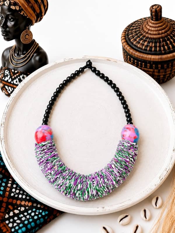 Collar Africano Artesanal de Tela Reciclada y Cerámica | Hecho a Mano - Imagen 6