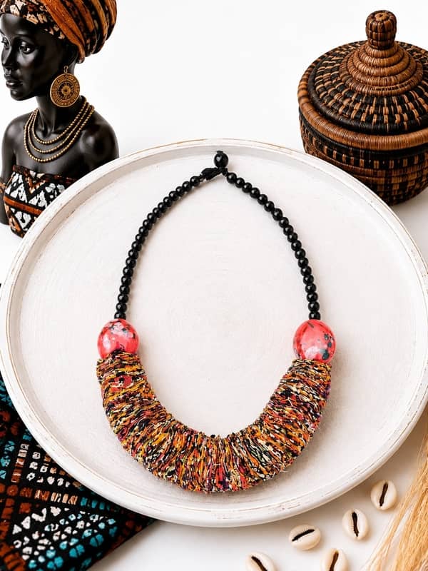 Collar-africano-artesanal-de-tela-reciclada-y-bolas-de-ceramica-naranja