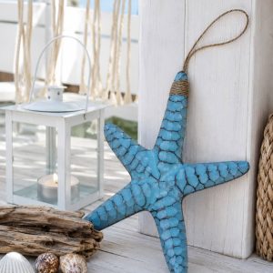 Estrella de mar de madera azul turquesa colgante para decoración marinera de terrazas y hogares.