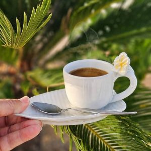 Juego de taza de café de cerámica artesanal de Bali con plato decorado con relieves de flor de plumeria tropical.