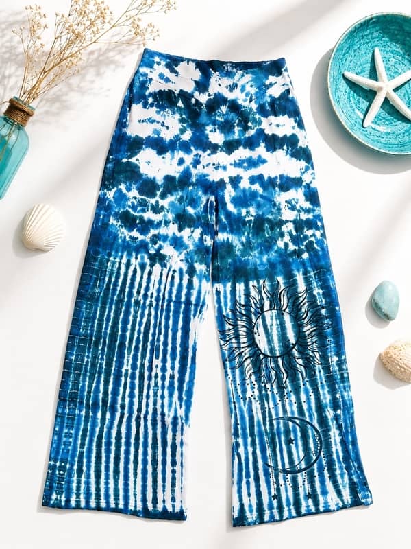 Pantalón ancho de algodón 100% con estampado tie dye azul y blanco y dibujos de sol y luna en la pierna